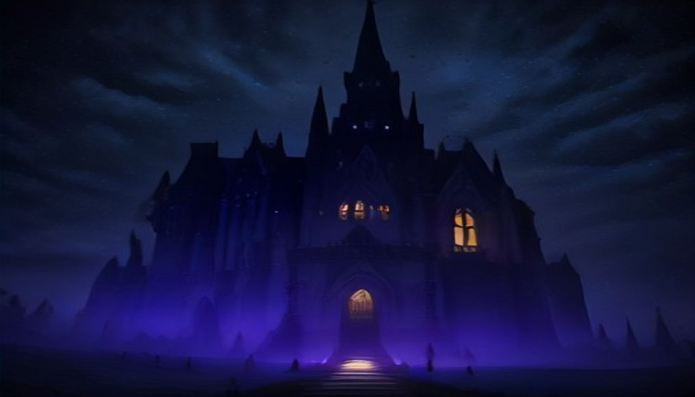 Een enorm donker spookkasteel in de nacht, met goud verlichte ramen, fakkels bij de poort en vleermuizen voor de volle maan