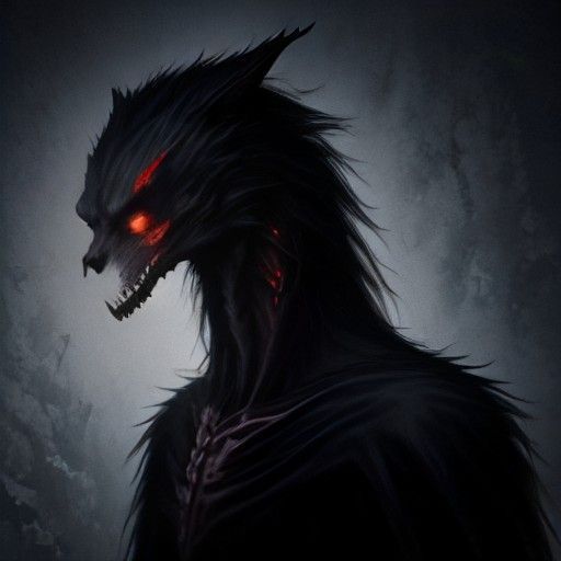 Lord Grom: een lange magere weerwolf met een botwitte schedelkop, gloeiende rode ogen, scherpe tanden en heel lange klauwen